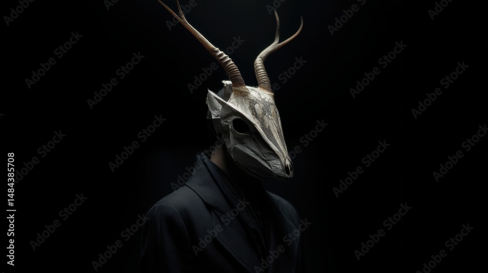 Naklejka premium Mysterious figure with animal mask and dark attire.