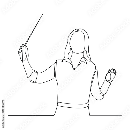 Continuous line art drawing of music conductor directing concert orchestra performance with stick. Vector illustration editable stroke sketch