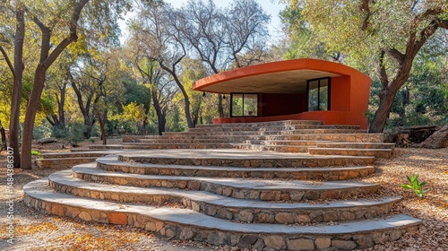 Amphitheater nestled in a serene forest, showcasing modern architecture and natural beauty.