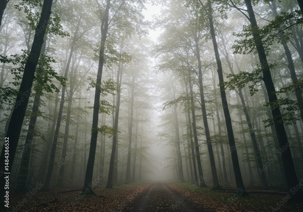 Obraz premium Trees and leaves in a foggy forest.