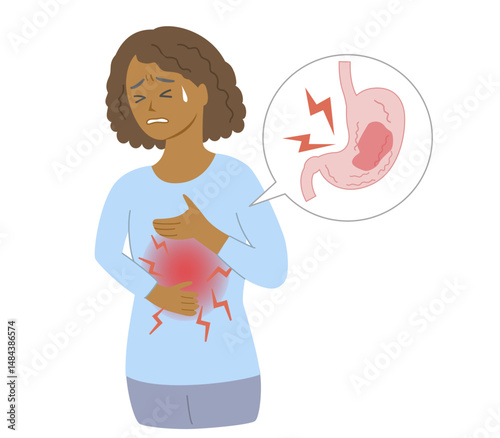 Upper body illustration of a Black woman clutching her chest in pain from a stomachache