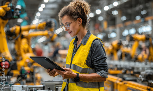 The female safety officer is operating the automated robots in the factory to achieve the best working condition. Business, advertising, sustainable development, wallpaper, background, base image