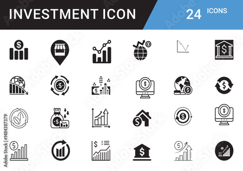 Investment Icons editable vector set Finance, Money, Growth, ROI, Stock Market, Cryptocurrency, Assets, Wealth, Banking, Profit, Savings, Portfolio, Risk, Capital, Trading