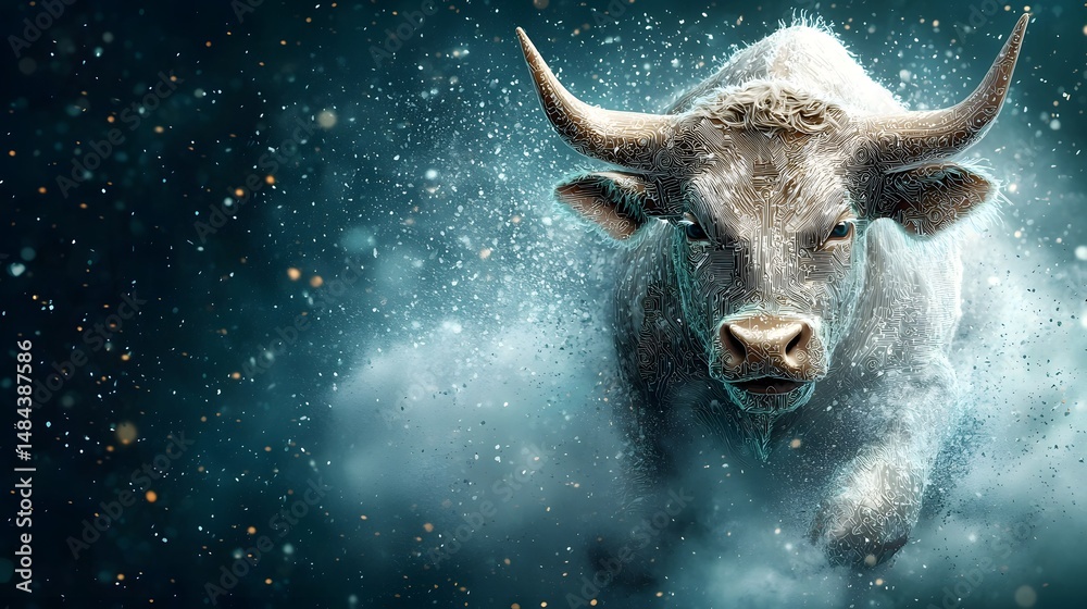Neon bull made of blockchain code charging forward symbolizing a strong bullish cryptocurrency market trend and the disruptive power of blockchain technology in the digital finance landscape Neon bull made of blockchain code charging forward symbolizing a strong bullish cryptocurrency market trend and the disruptive power of blockchain technology in the digital finance landscape