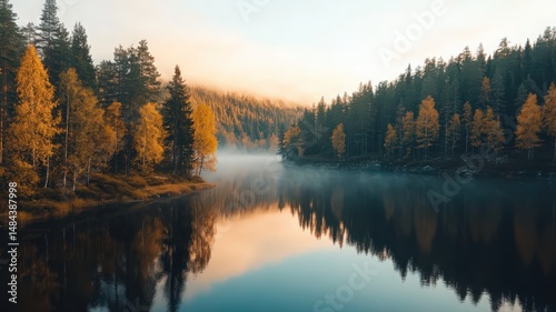 Aerial Shot of a Tranquil Forest Lake Reflecting Autumn Colors in Early Morning Light