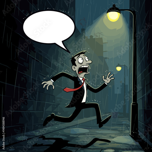 An illustration of a zombie in a suit running fearfully in a dark setting, illuminated by a lamp.