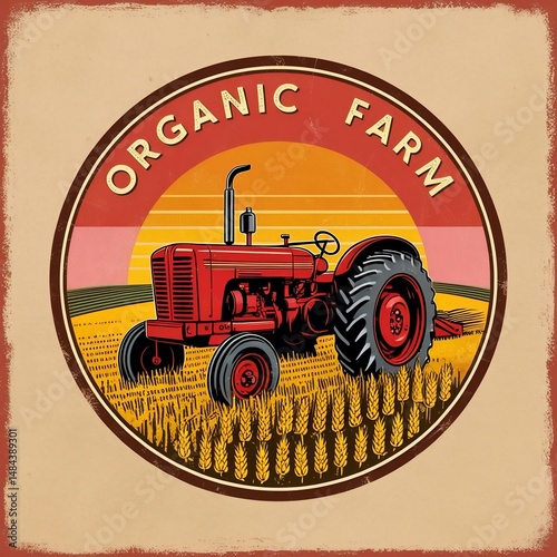 Vintage Organic Farm Tractor Illustration with Sunset Backdrop
