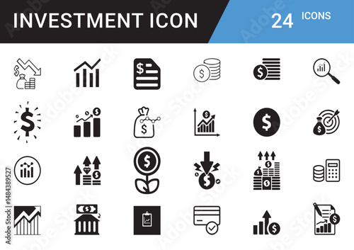 Investment Icons editable vector set Finance, Money, Growth, ROI, Stock Market, Cryptocurrency, Assets, Wealth, Banking, Profit, Savings, Portfolio, Risk, Capital, Trading