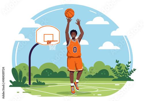 Summer healthy activity: Flat vector illustration of a man playing basketball on an outdoor court under a bright sky. Enjoying an active summer sport