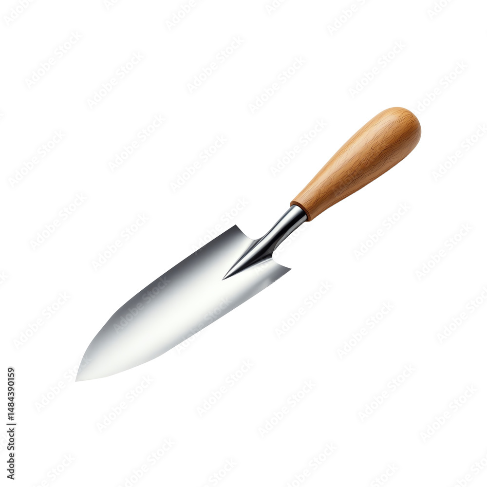 A stainless steel garden trowel with wooden handle. A stainless steel garden trowel with wooden handle.