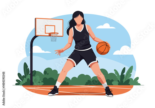 Summer healthy activity: Flat vector illustration of a woman playing basketball on an outdoor court under a bright sky. Enjoying an active summer sport