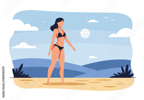 Summer healthy activity: Flat vector illustration of a woman playing beach volleyball on a sunny beach. Active summer beach sport