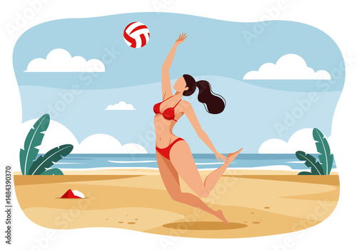 Summer healthy activity: Flat vector illustration of a woman playing beach volleyball on a sunny beach. Active summer beach sport