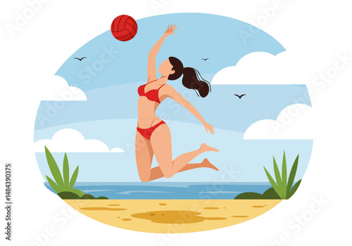 Summer healthy activity: Flat vector illustration of a woman playing beach volleyball on a sunny beach. Active summer beach sport