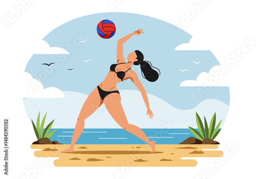 Summer healthy activity: Flat vector illustration of a woman playing beach volleyball on a sunny beach. Active summer beach sport