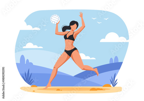 Summer healthy activity: Flat vector illustration of a woman playing beach volleyball on a sunny beach. Active summer beach sport