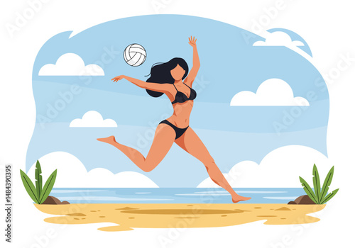 Summer healthy activity: Flat vector illustration of a woman playing beach volleyball on a sunny beach. Active summer beach sport