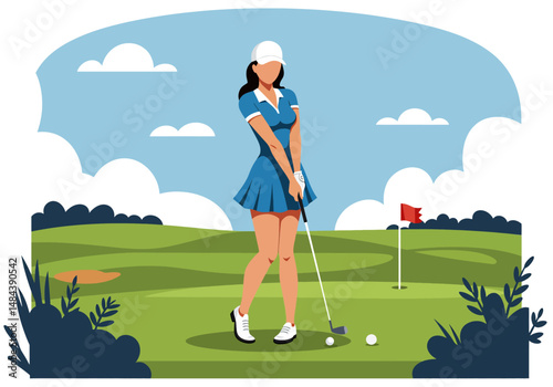 Summer healthy activity: Flat vector illustration of a woman playing golf on a lush green course under a bright sky. Enjoying an active summer sport