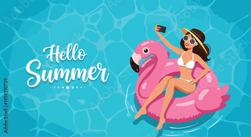 Adobe Illustrator Artwork Summer healthy activity: Flat vector illustration of a woman taking a selfie while floating on a flamingo inflatable in a blue pool with "Hello Summer" text. Enjoying summer 