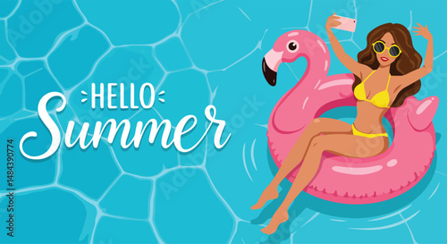 Adobe Illustrator Artwork Summer healthy activity: Flat vector illustration of a woman taking a selfie while floating on a flamingo inflatable in a blue pool with "Hello Summer" text. Enjoying summer 