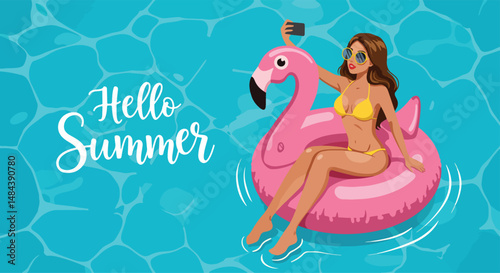 Adobe Illustrator Artwork Summer healthy activity: Flat vector illustration of a woman taking a selfie while floating on a flamingo inflatable in a blue pool with "Hello Summer" text. Enjoying summer 