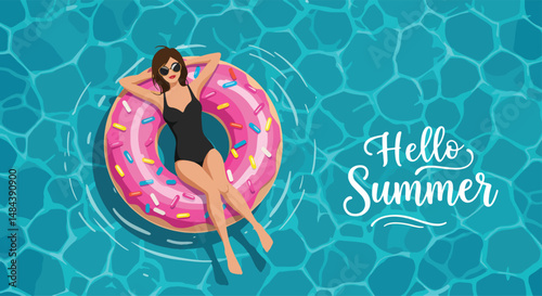 Adobe Illustrator Artwork Summer healthy activity: Flat vector illustration of a woman relaxing on a donut float in a clear blue swimming pool with "Hello Summer" text. Enjoying summer bliss