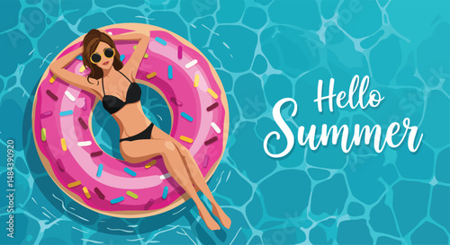 Adobe Illustrator Artwork Summer healthy activity: Flat vector illustration of a woman relaxing on a donut float in a clear blue swimming pool with "Hello Summer" text. Enjoying summer bliss