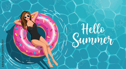 Adobe Illustrator Artwork Summer healthy activity: Flat vector illustration of a woman relaxing on a donut float in a clear blue swimming pool with "Hello Summer" text. Enjoying summer bliss