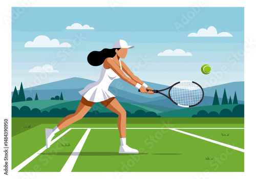 Summer sports healthy activity: Flat style vector illustration of a woman playing tennis on a green court under a sunny sky. Active summer game.