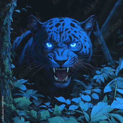 Jaguar in Jungle - Blue Glowing Eyes