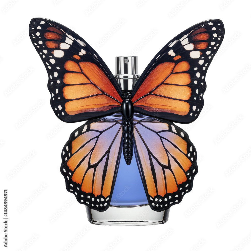Fototapeta premium Butterfly-shaped perfume bottle. Orange monarch wings. Soft blue bottle. Silver accents, cap