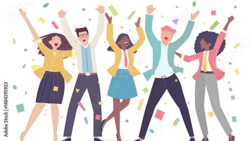 Wallpaper Mural Group of diverse people celebrating with arms raised amidst falling confetti in a joyful atmosphere Torontodigital.ca