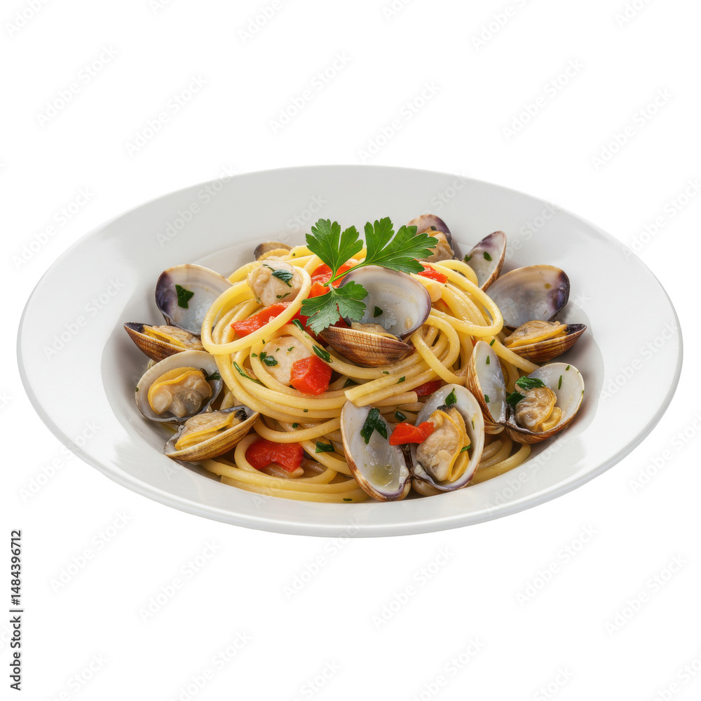 A delicious plate of spaghetti with clams, garnished with parsley, on a white background