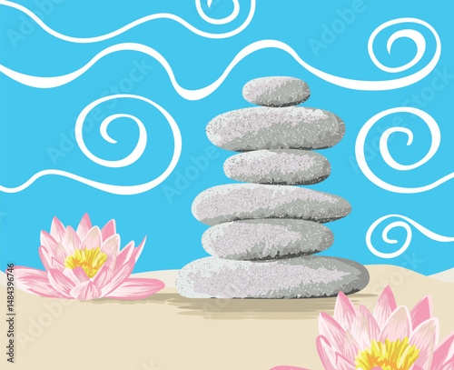 Graphic style art of stacked stones and lotus flower.