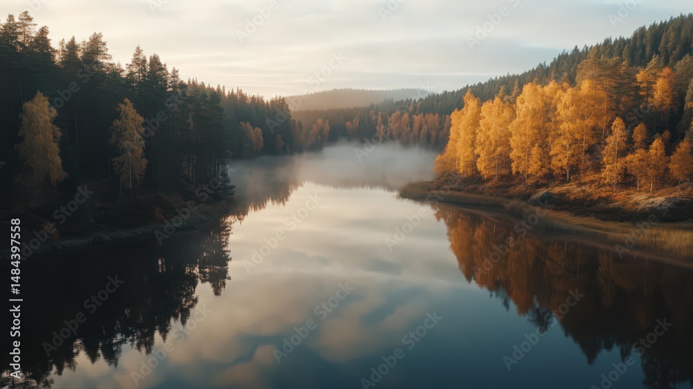 Obraz premium Aerial View of a Tranquil Forest Lake Reflecting Golden Autumn Foliage in a Serene Landscape