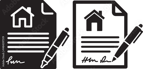 Set of two Flat Black Vector Silhouette of a Document with Home Icon and Pen Signing, Representing Real Estate Agreement, Property Contract, Mortgage Approval, and Housing Deal on White Background