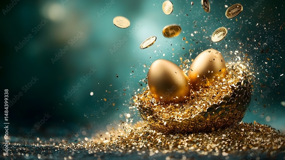 Fototapeta premium Investor Successfully Catching Golden Eggs Raining from the Sky Symbolizing Steady Passive Income and Wealth Growth from Dividends and Other Investment Yields