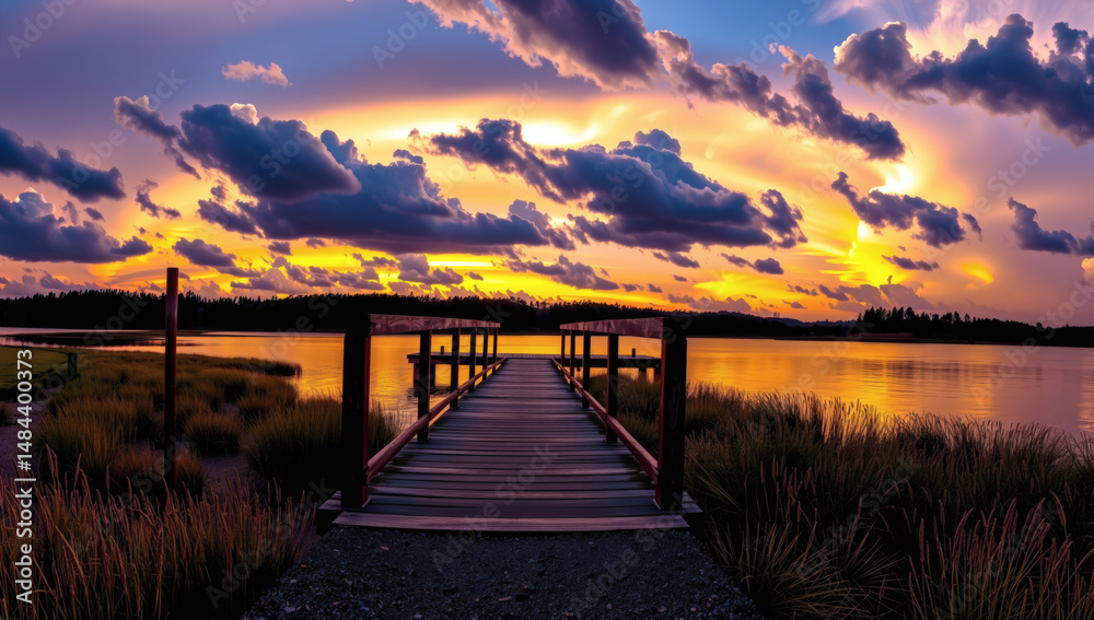 Fototapeta premium Dramatic Wooden Path Bridge Over Lake at Stormy Sunset – Scenic Nature Walk, Moody Landscape, Adventure Travel Destination