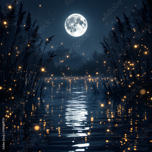 Mystical Moonlit Nightscape, Silvery Glow on Dark Water with Fireflies, Enchanting Digital Art, Fantasy Atmosphere, Ethereal Beauty, Nature Photography