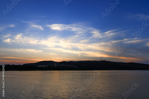 sunset over the river and mountain