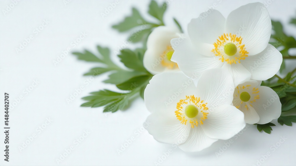 Fototapeta premium Alpine Anemone with Delicate White Petals and Green Leaves on a Soft Background