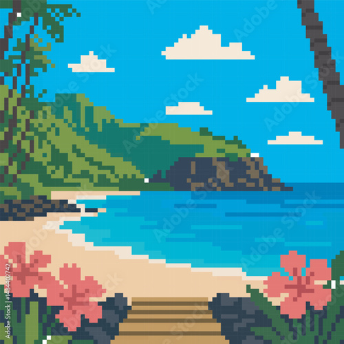 beach scenery pixel art, vector illustration on isolated background.