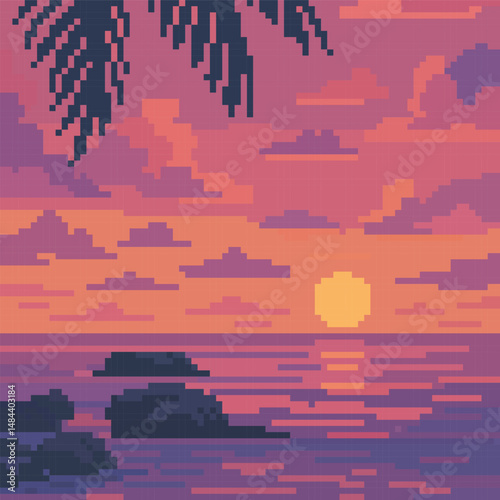 beach sunset scenery pixel art, vector illustration on isolated background.