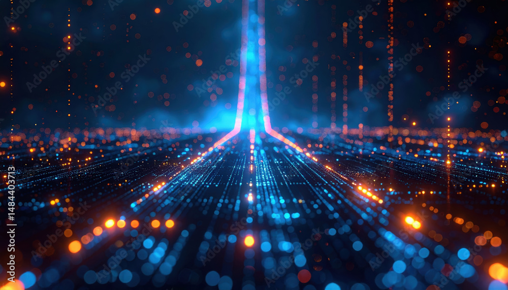Obraz premium Futuristic digital landscape with glowing blue and orange lights forming pathway into distance