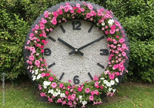 Tire clock decorated with flowers isolated on white background,