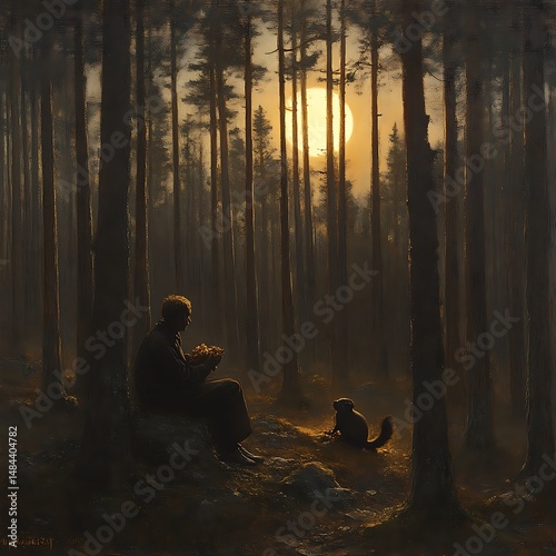 Man with Dog in Forest at Sunset