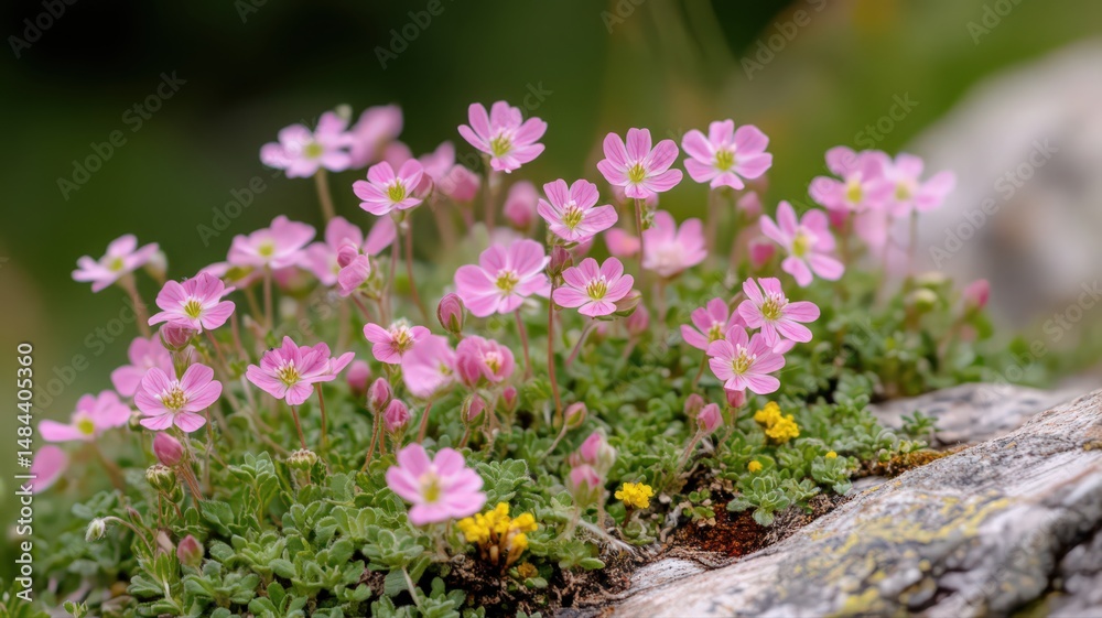 Fototapeta premium Alpine Saxifrage With Small Pink Flowers Blooming On A Rocky Surface In Natural Environment