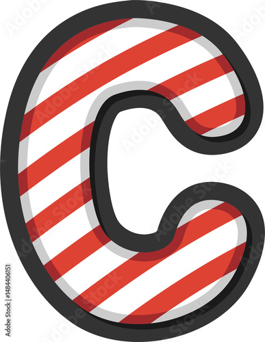 Alphabet letter C with red and white candy cane stripes. Perfect for Christmas, winter holidays, kids crafts, festive banners, and sweet-themed projects. Transparent PNG background.