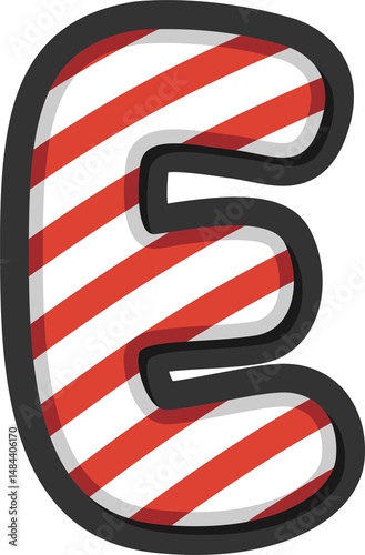 Alphabet letter E with red and white candy cane stripes. Perfect for Christmas, winter holidays, kids crafts, festive banners, and sweet-themed projects. Transparent PNG background.