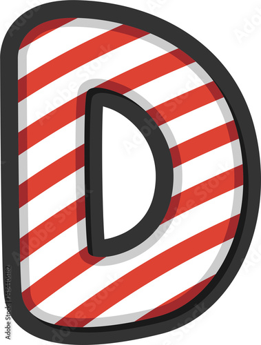 Alphabet letter D with red and white candy cane stripes. Perfect for Christmas, winter holidays, kids crafts, festive banners, and sweet-themed projects. Transparent PNG background.